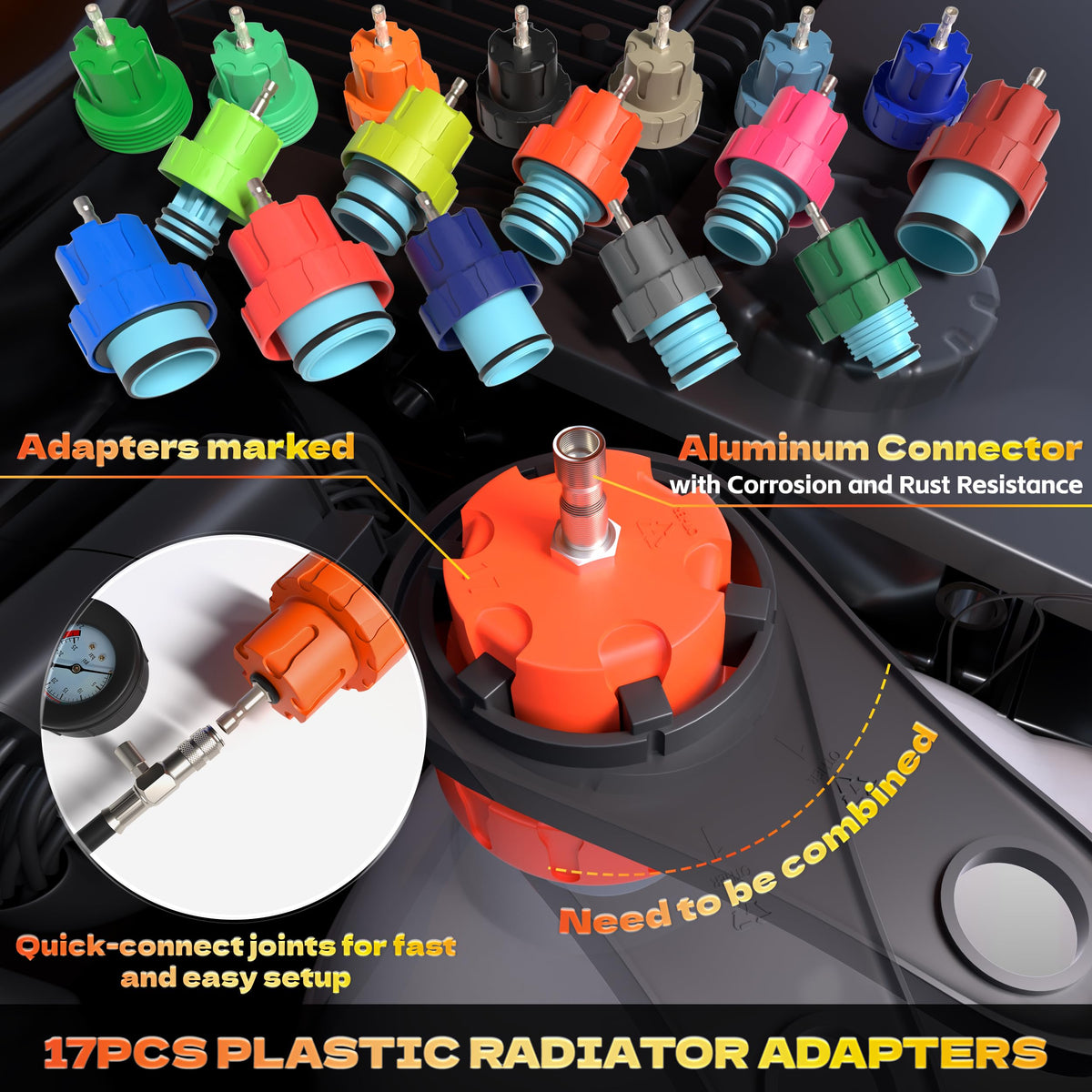 KJE color-coded radiator adapters laid out for quick identification