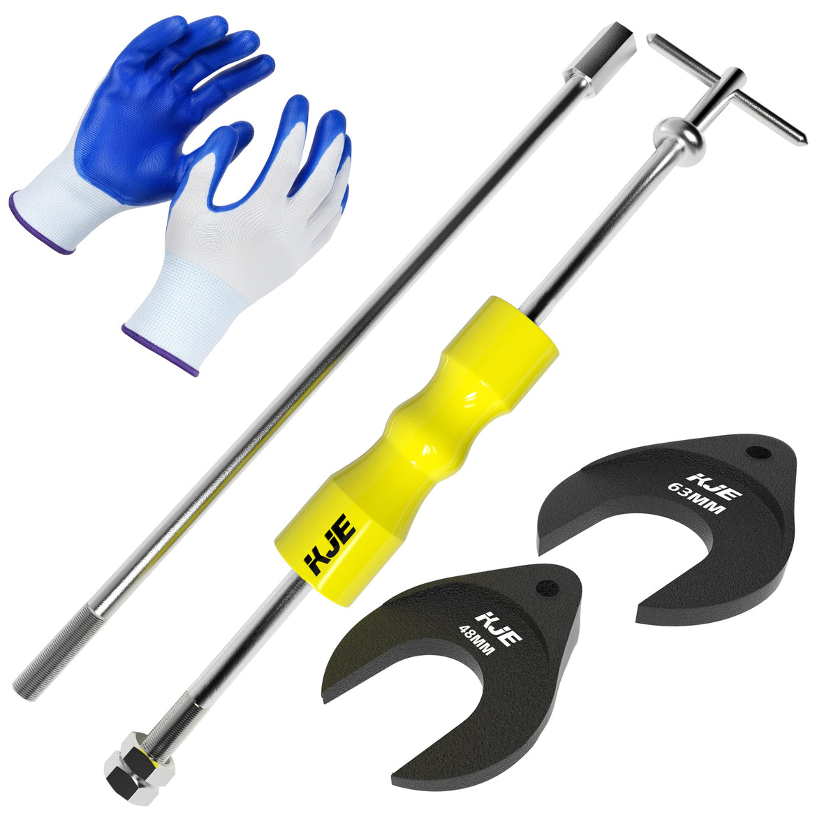 KJE front view of full 4-piece CV axle puller kit showing components and protective finish