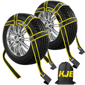 KJE front packaging showing two reflective tow dolly straps for organized storage