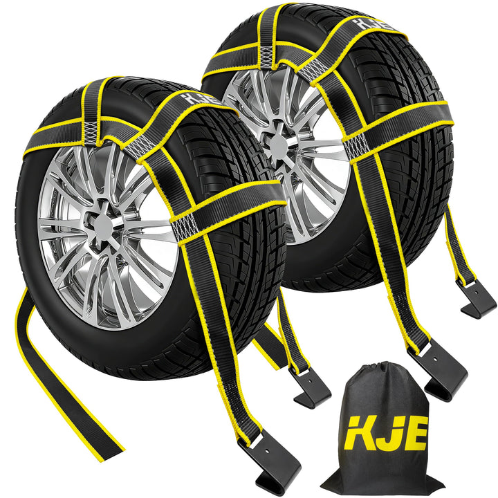 KJE front packaging showing two reflective tow dolly straps for organized storage