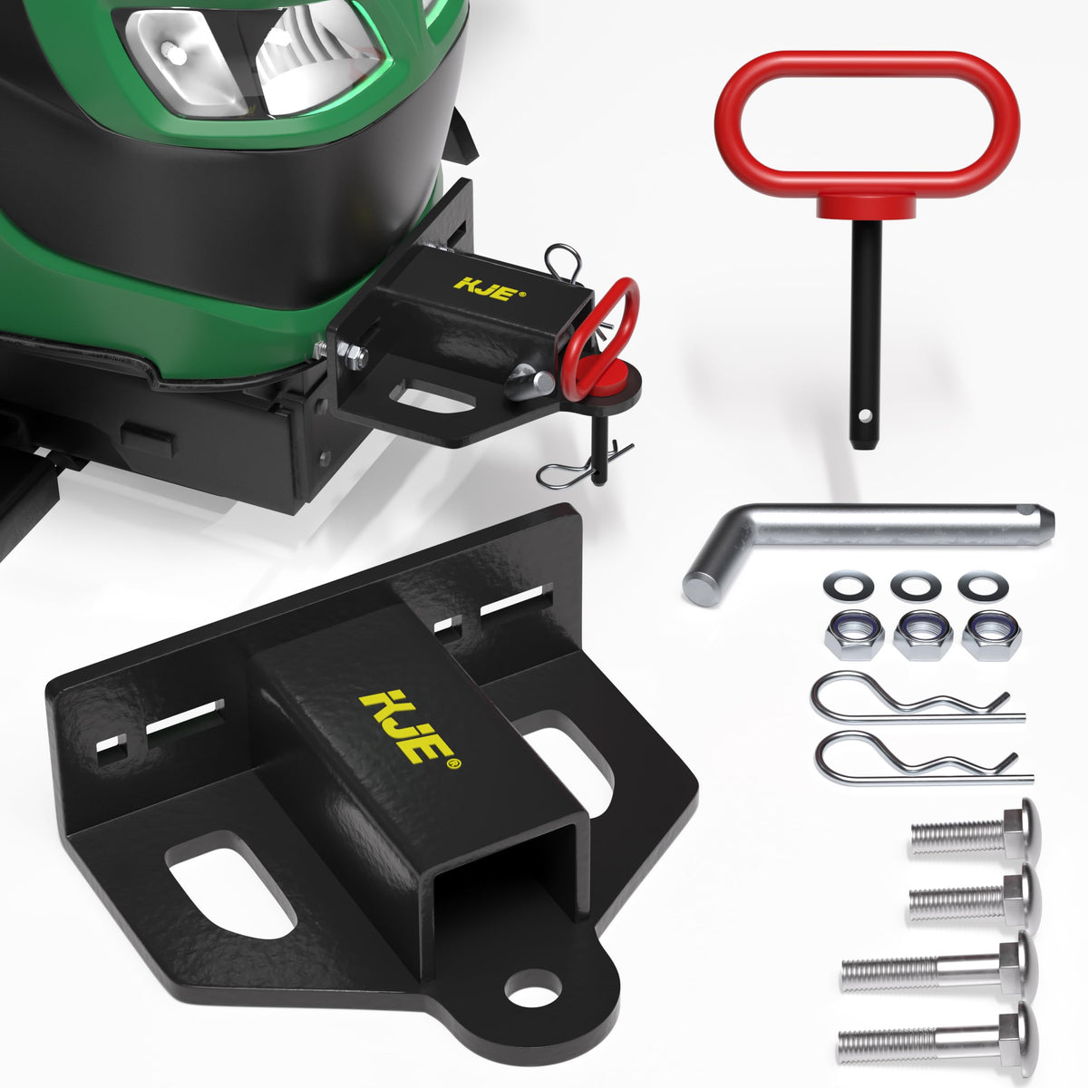 KJE hitch front view showing 2-inch receiver and sturdy plate for reliable towing