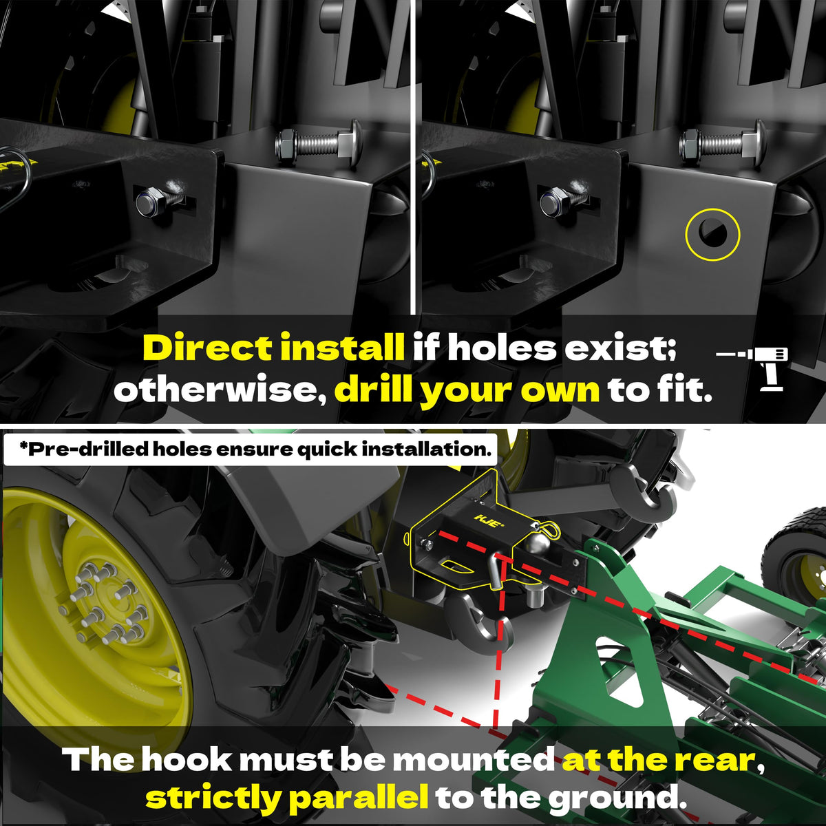 KJE hitch mounted on a zero-turn mower demonstrating quick attachment benefit
