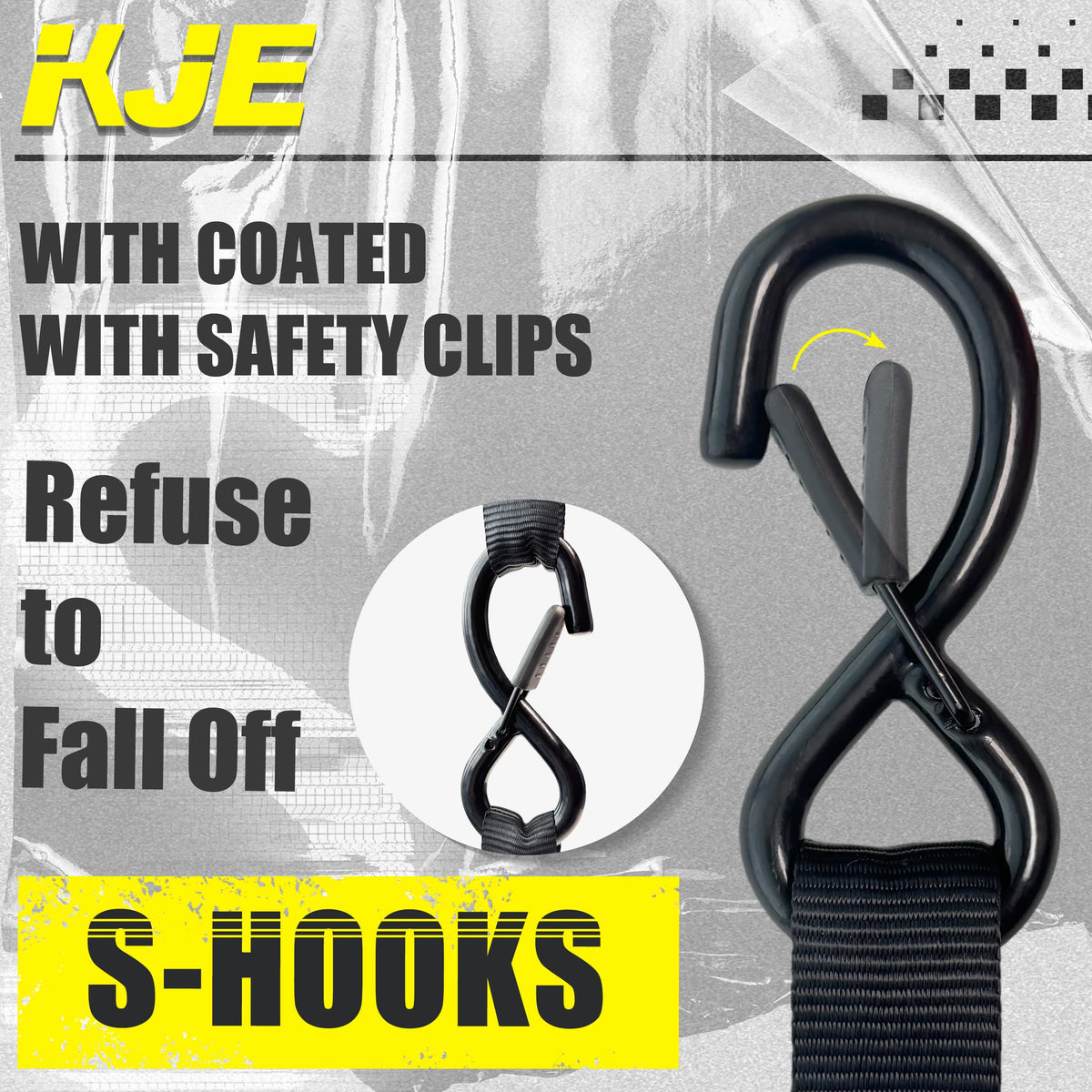 KJE coated S-hook detail with safety clip prevents slippage and surface damage