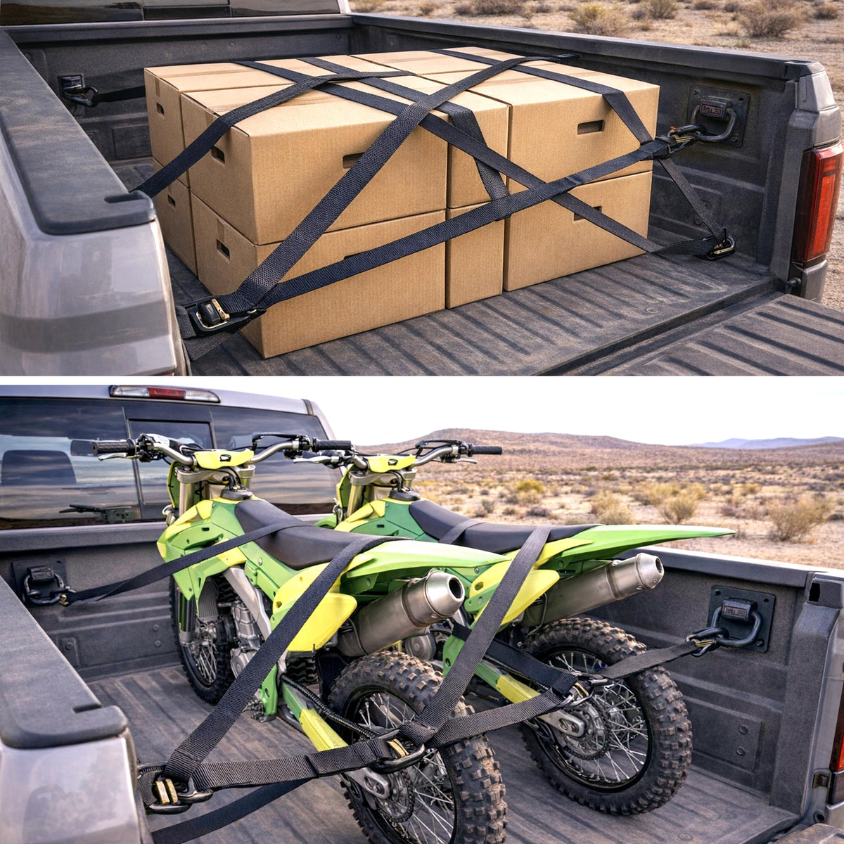 KJE truck bed with motorcycle tied down showing reliable cargo security