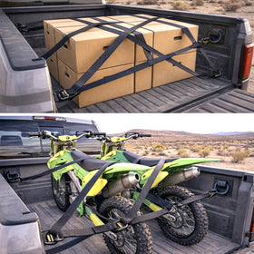 KJE truck bed with motorcycle tied down showing reliable cargo security