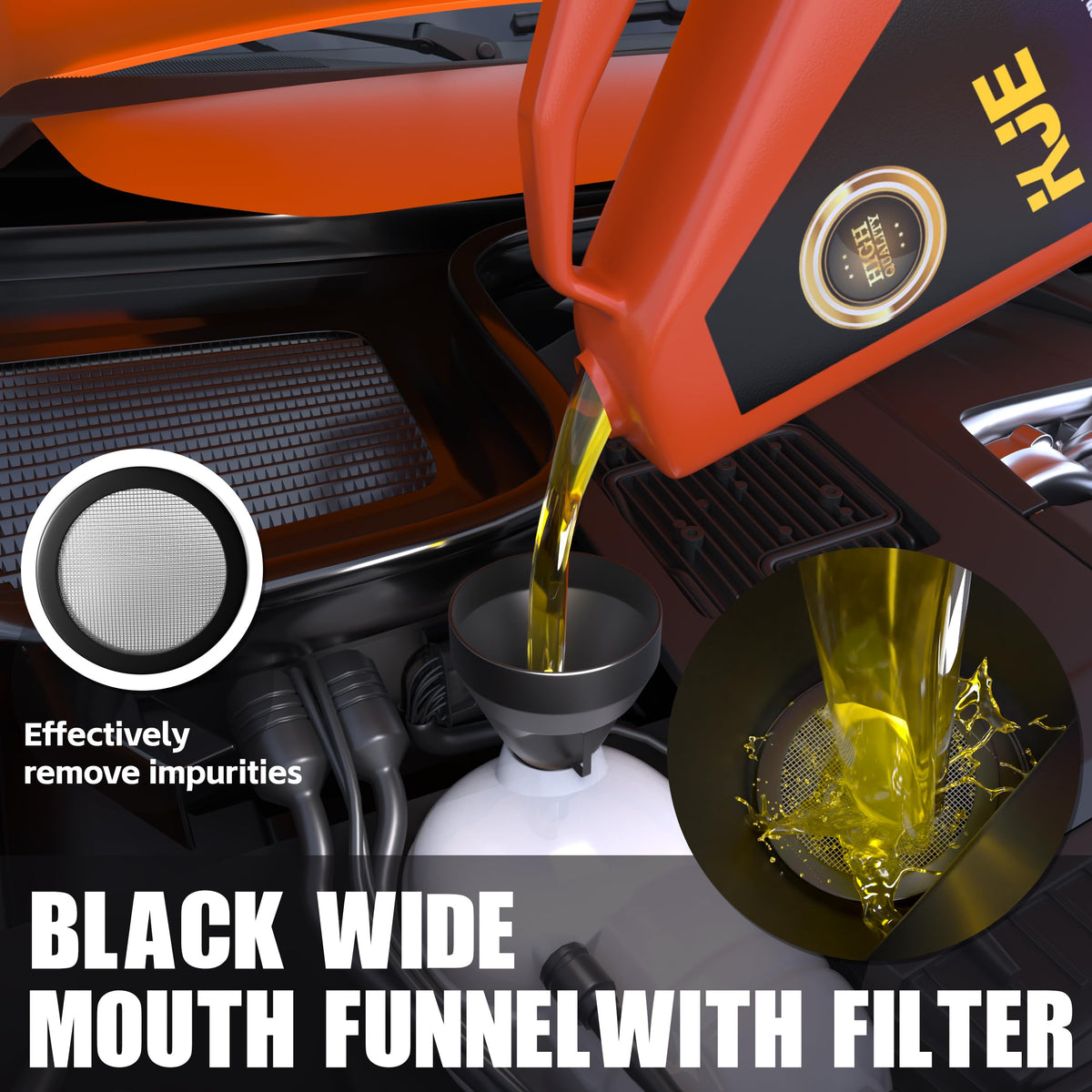 KJE long-neck funnel inserted into engine fill hole reducing spills