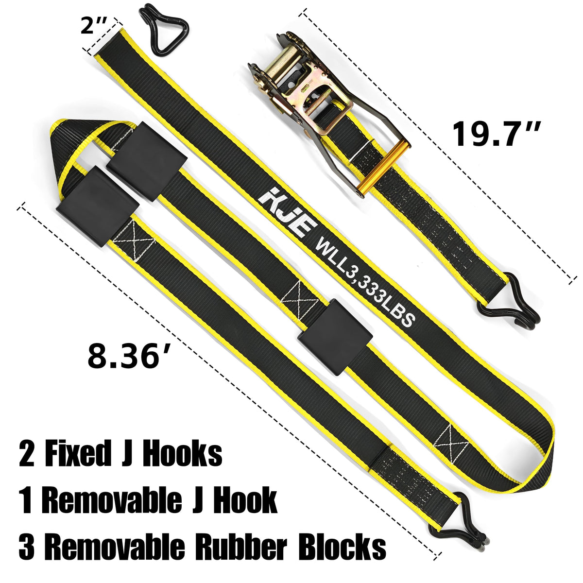 KJE straps beside tape measure showing 2" x 10' length for quick size reference