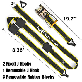 KJE straps beside tape measure showing 2" x 10' length for quick size reference