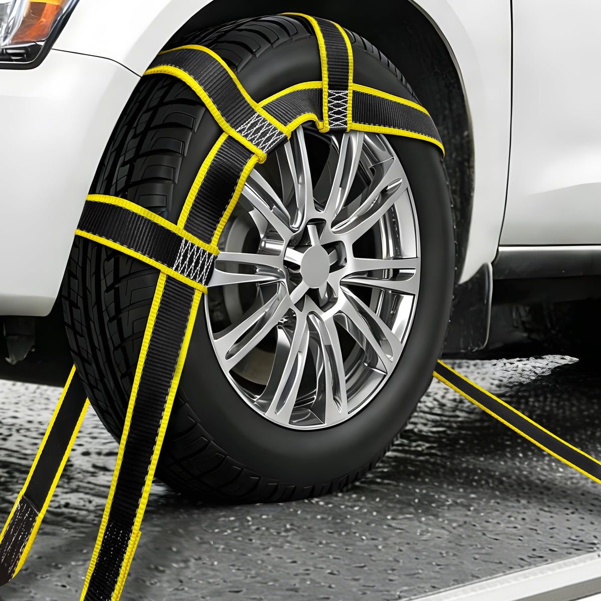 KJE straps next to a 14-19 inch wheel showing universal fit and scale