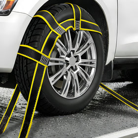KJE straps next to a 14-19 inch wheel showing universal fit and scale