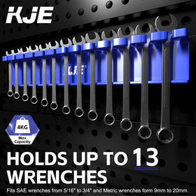 KJE rack with SAE and metric wrenches showing size range and fit