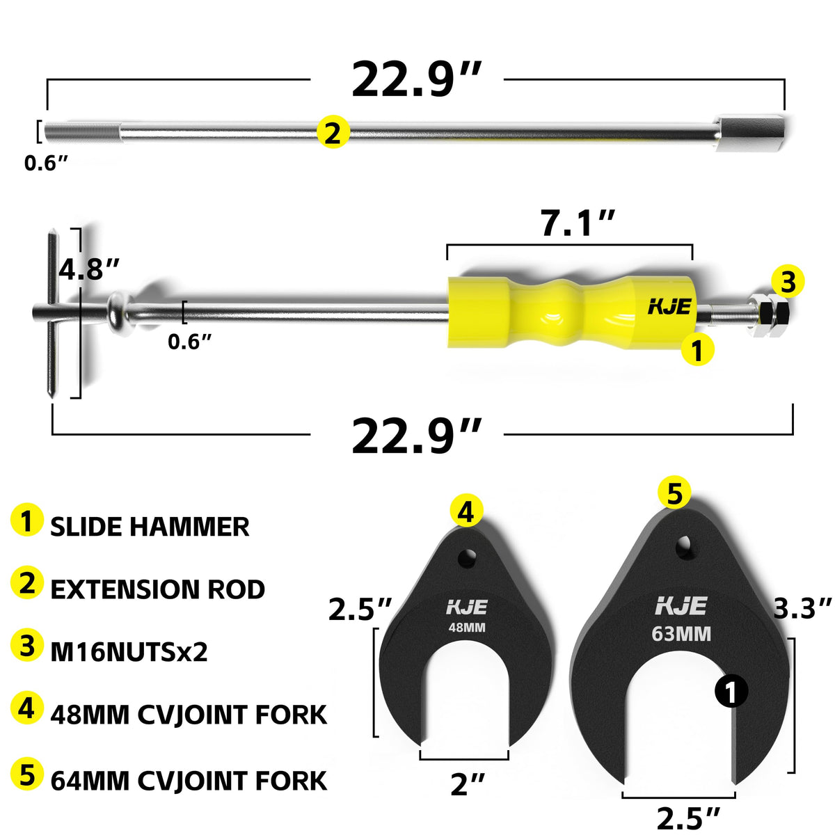 KJE close-up of 22.9-inch slide hammer threaded stem highlighting balanced handle