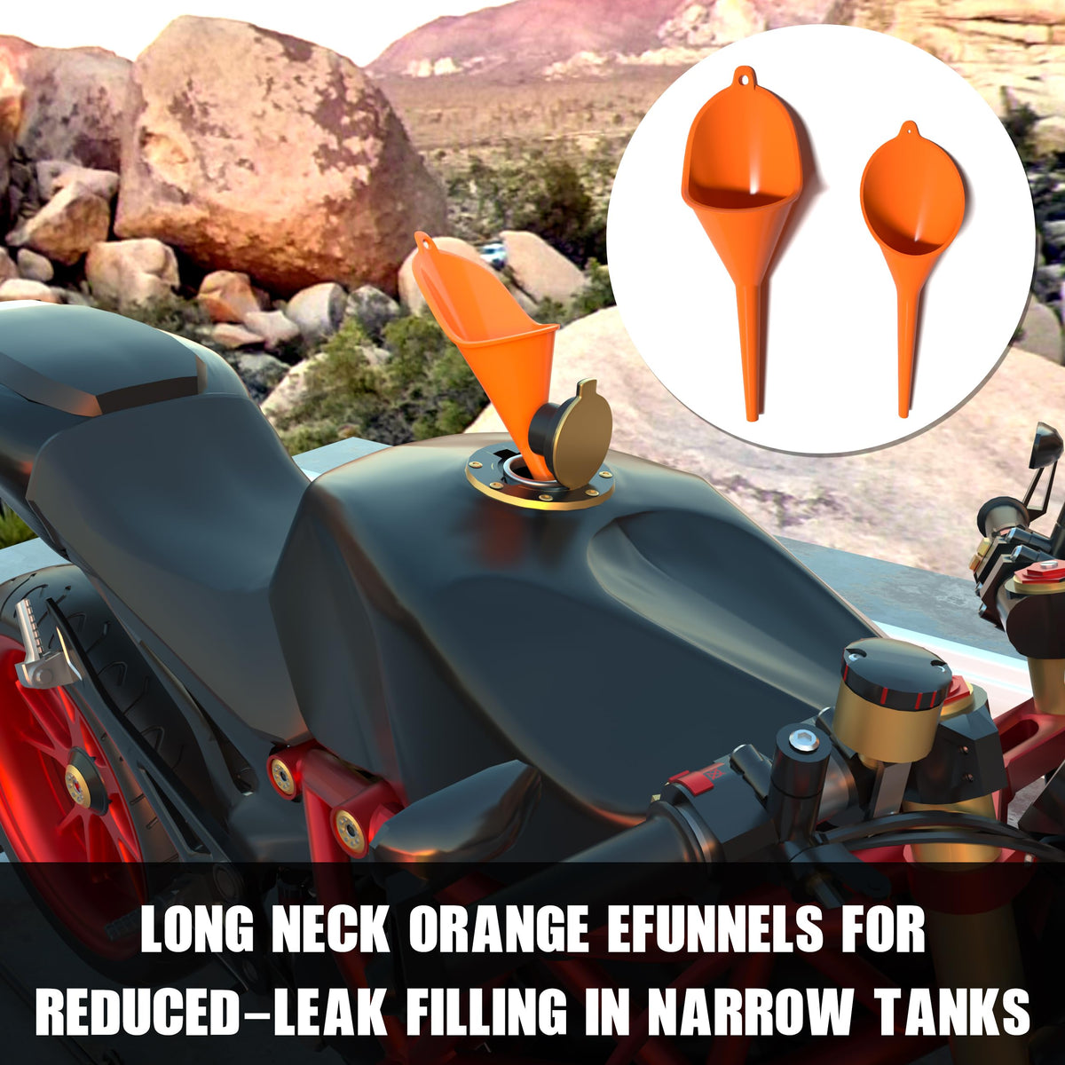 KJE snap-on funnel attached to tank mouth for secure, leak-reduced pouring