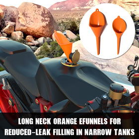 KJE snap-on funnel attached to tank mouth for secure, leak-reduced pouring