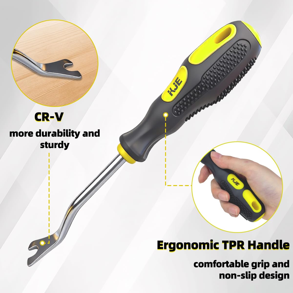 KJE tool in use prying a door panel demonstrating safe trim removal without scratches