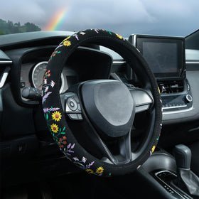 KKBHDZ front view steering wheel cover displaying sunflower lavender embroidery and fit benefits