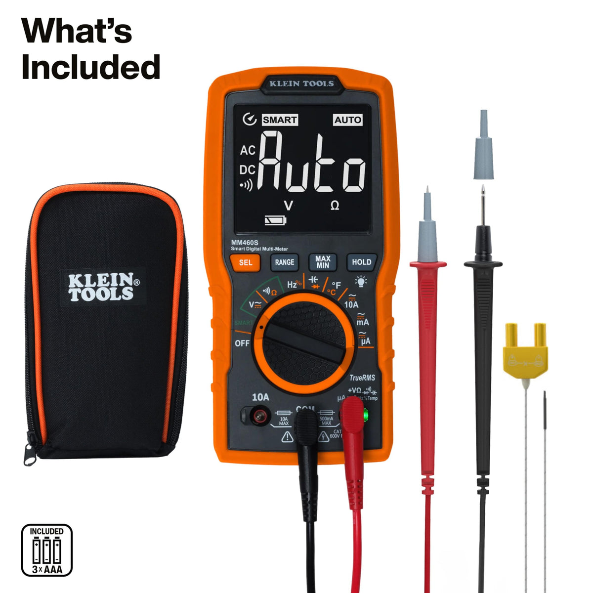 Klein Tools MM460S backlit display close-up showing reverse-contrast readability for accurate readings