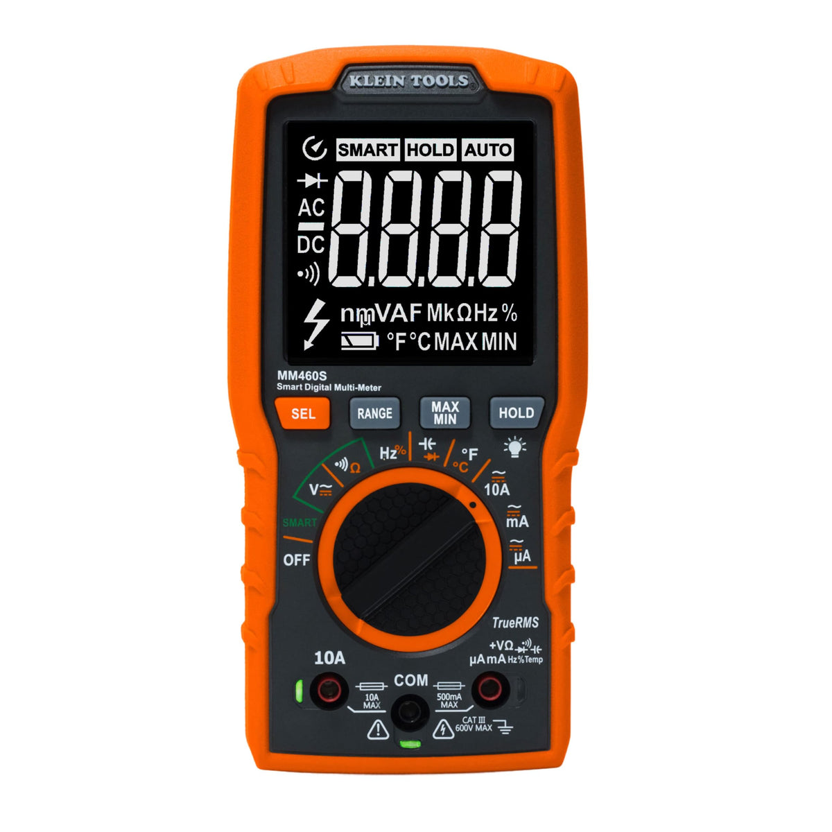 Klein Tools MM460S front panel showing buttons and ports, clear layout for fast operation