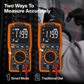 Klein Tools MM460S used on a jobsite measuring voltage, durable design for professional environments
