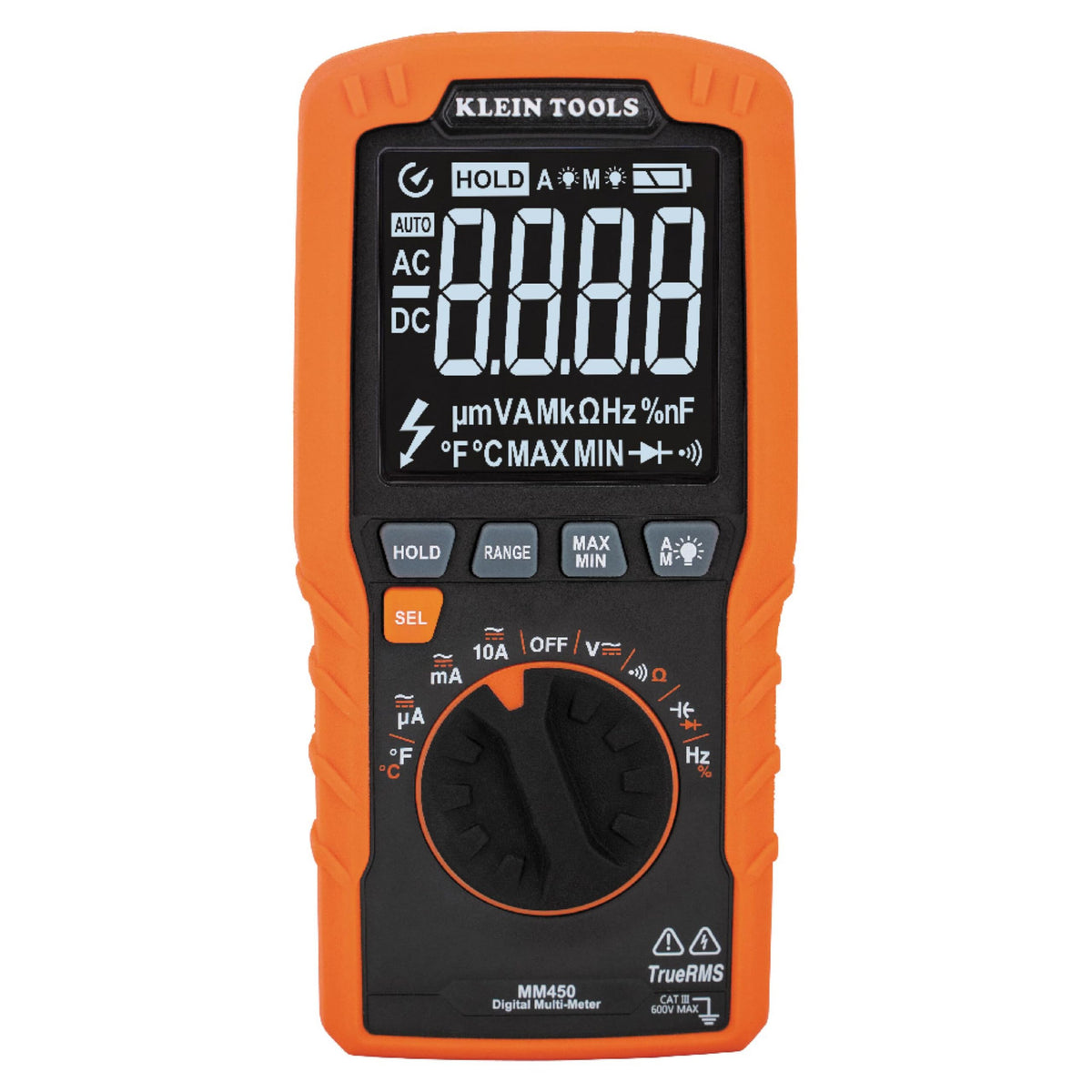 Klein Tools MM450 front view showing compact meter and controls for easy diagnostics