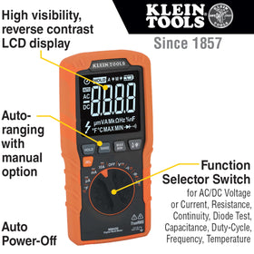 Klein Tools MM450 lead-alert LEDs detail confirms probe placement for safer tests