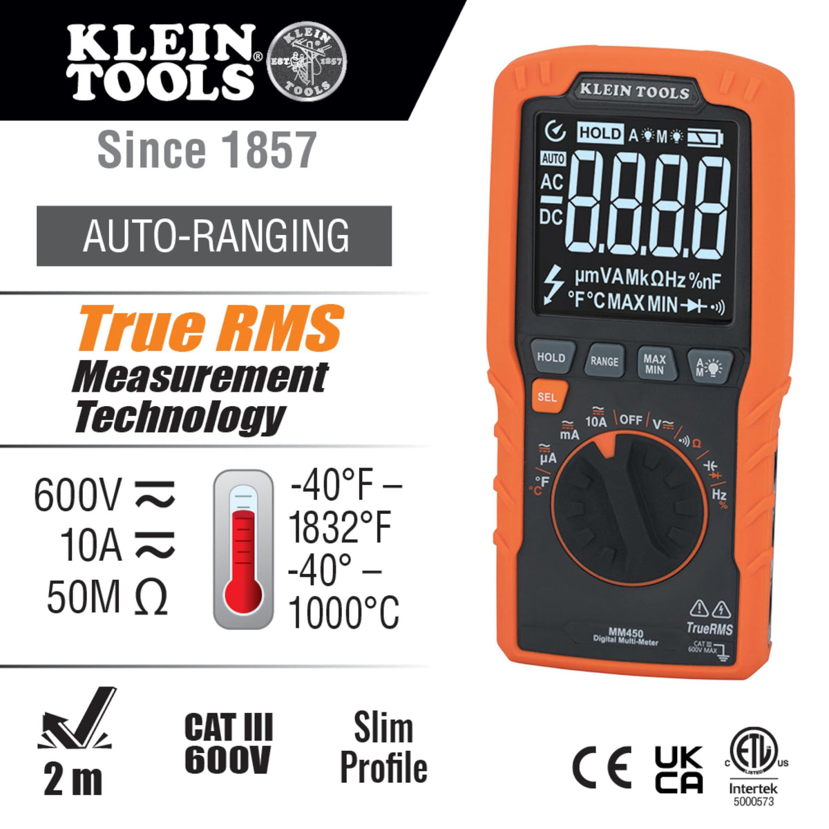 Klein Tools MM450 reverse-contrast display close-up improves readability in any light