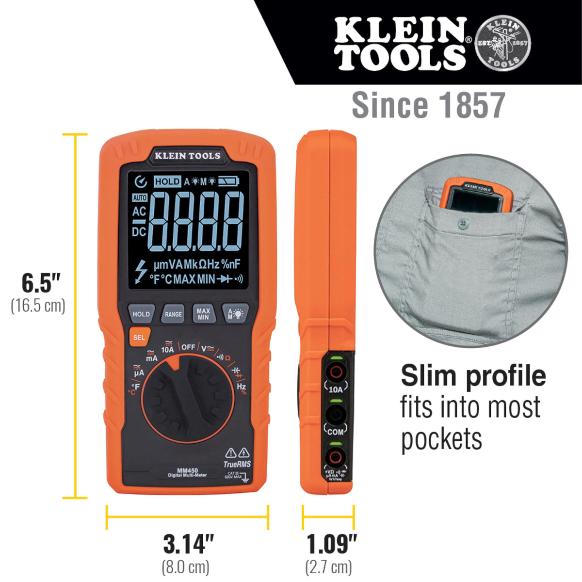 Klein Tools MM450 slim profile in pocket shows portability and quick access