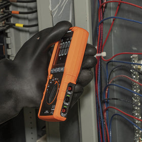 Klein Tools MM450 thermocouple beside display shows temperature measurement capability