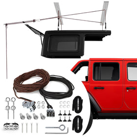 KlenzMate front-assembled hoist showing compact overhead storage benefit
