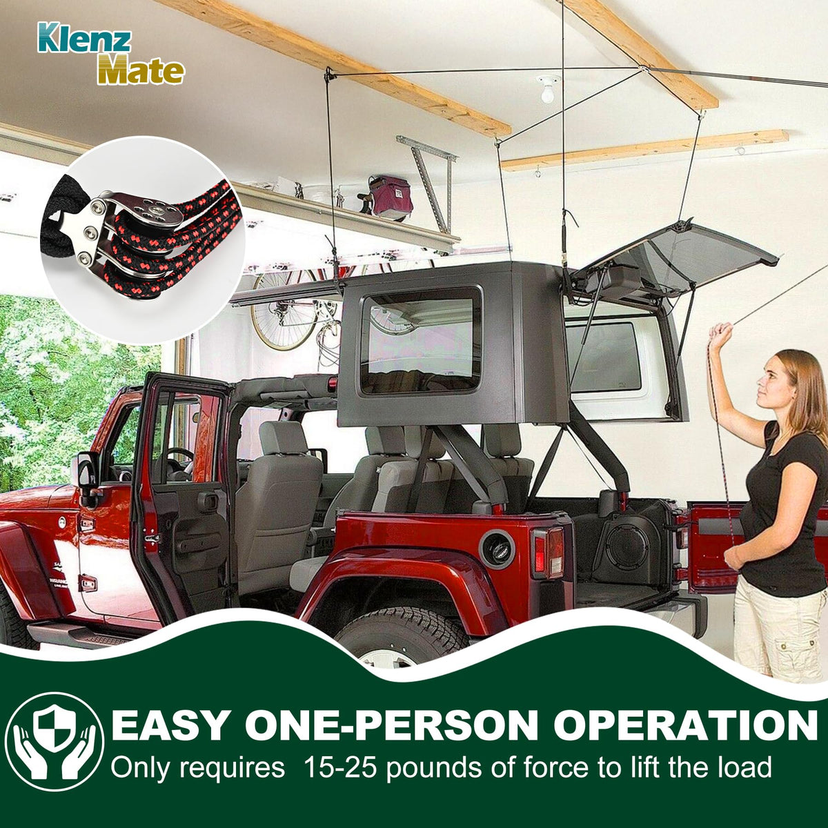 KlenzMate hoist holding a Jeep hardtop demonstrating safe storage