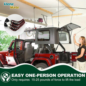 KlenzMate hoist holding a Jeep hardtop demonstrating safe storage