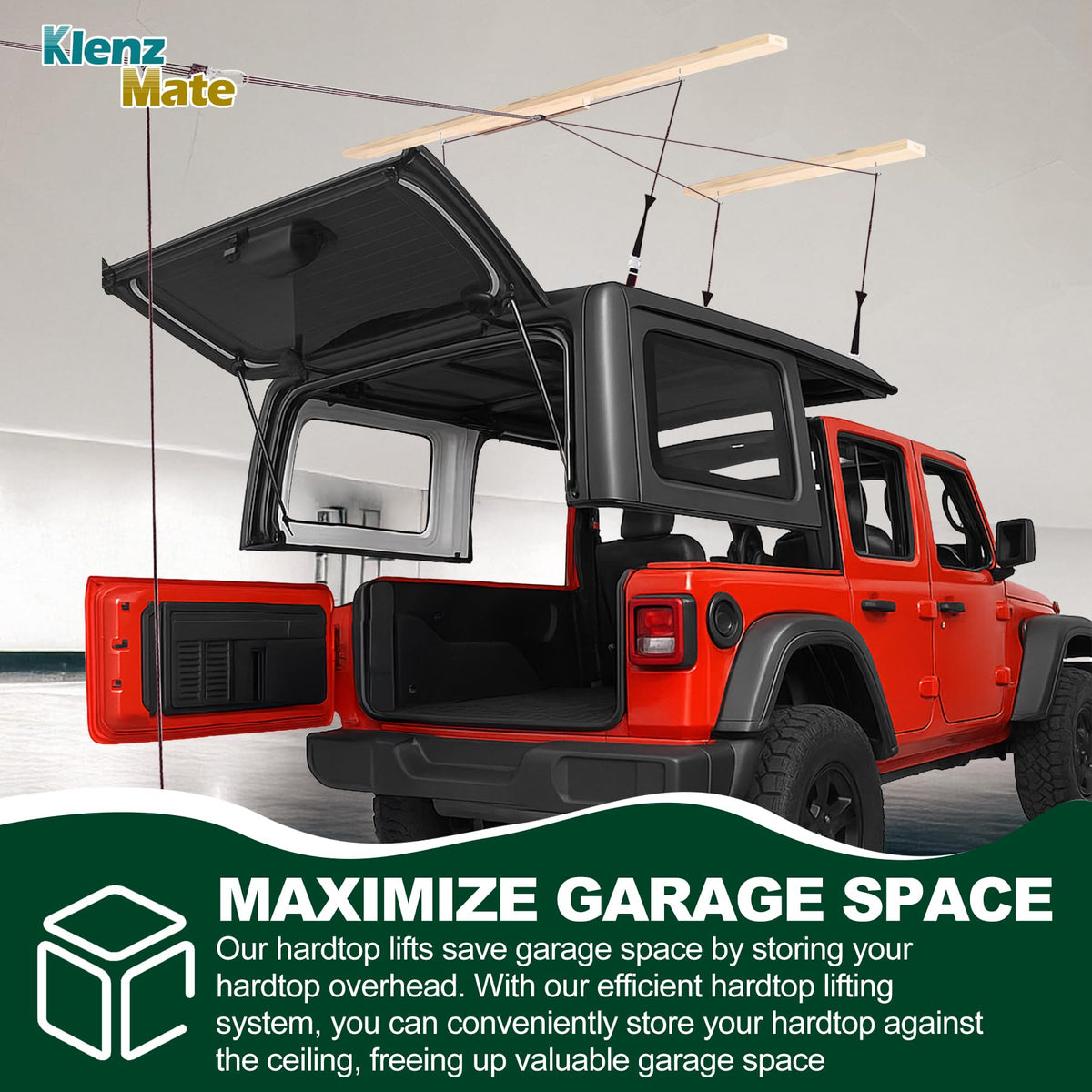 KlenzMate hoist storing a kayak to illustrate multi-use versatility