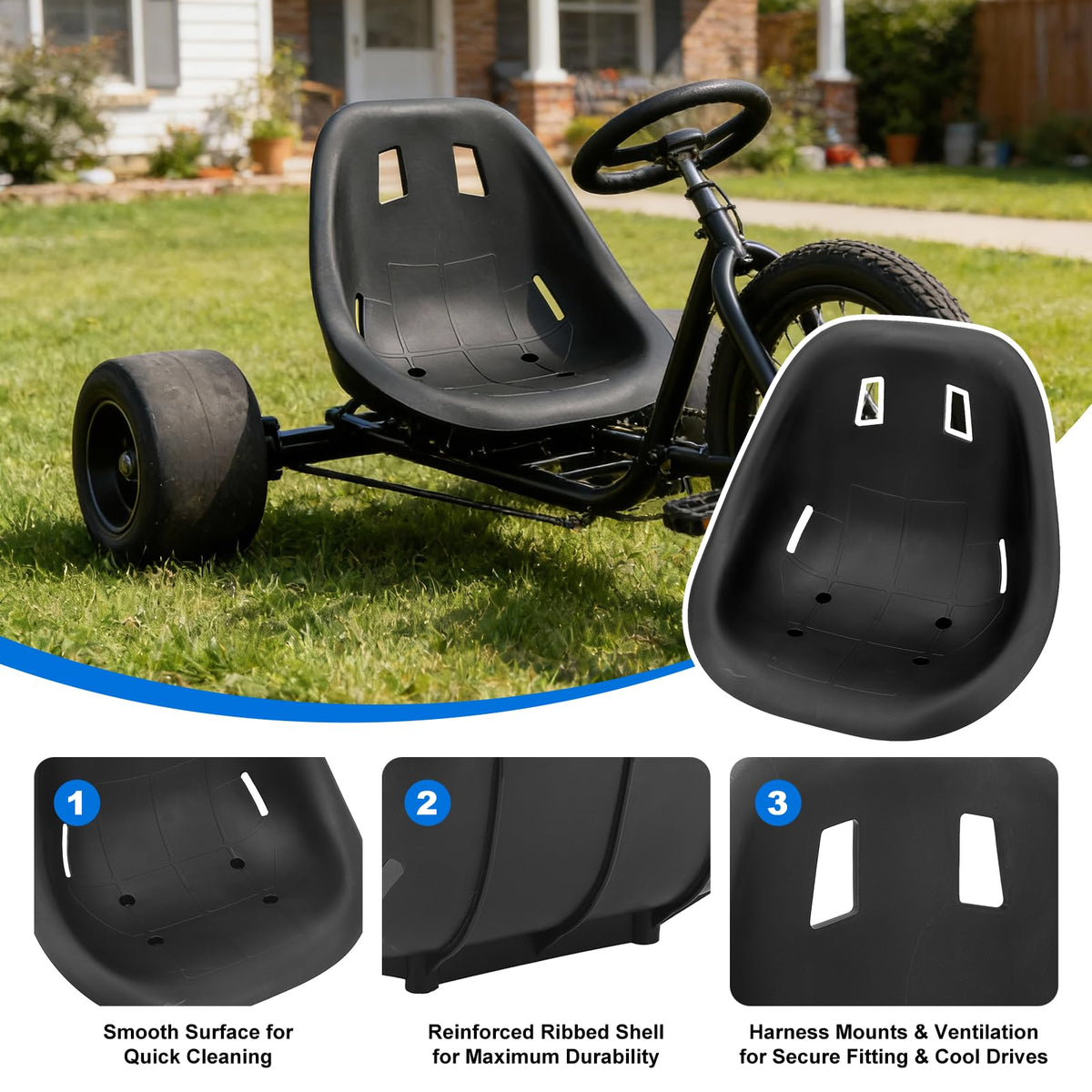 KLLJRFW seat mounted on a go kart demonstrating universal fit