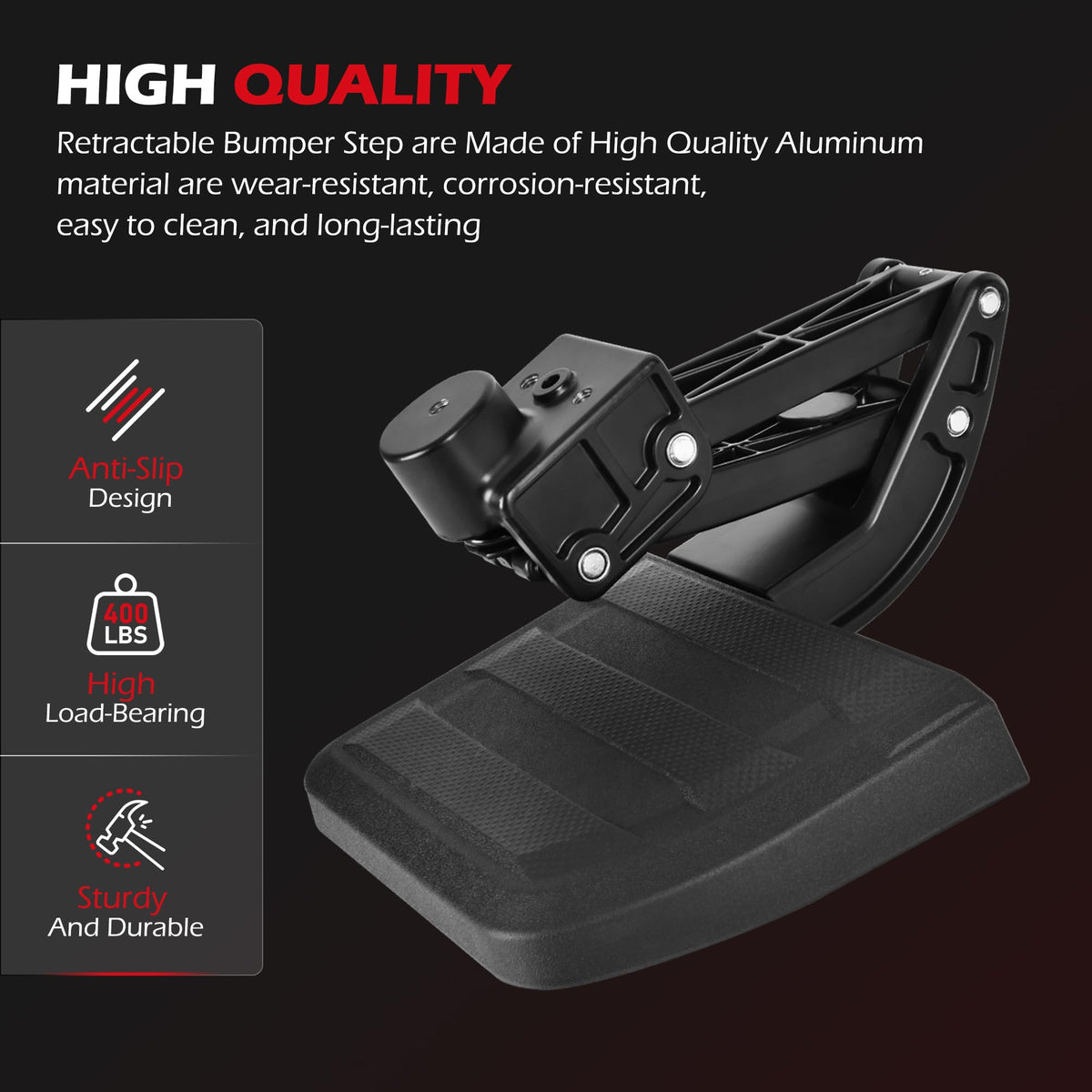 KLN rear bed step deployed with person stepping to show ease of use