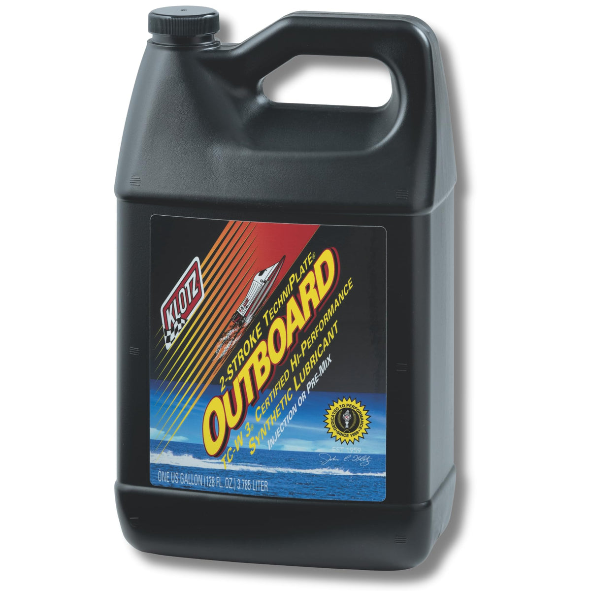 Klotz Outboard TechniPlate front label showing product name and gallon packaging benefit
