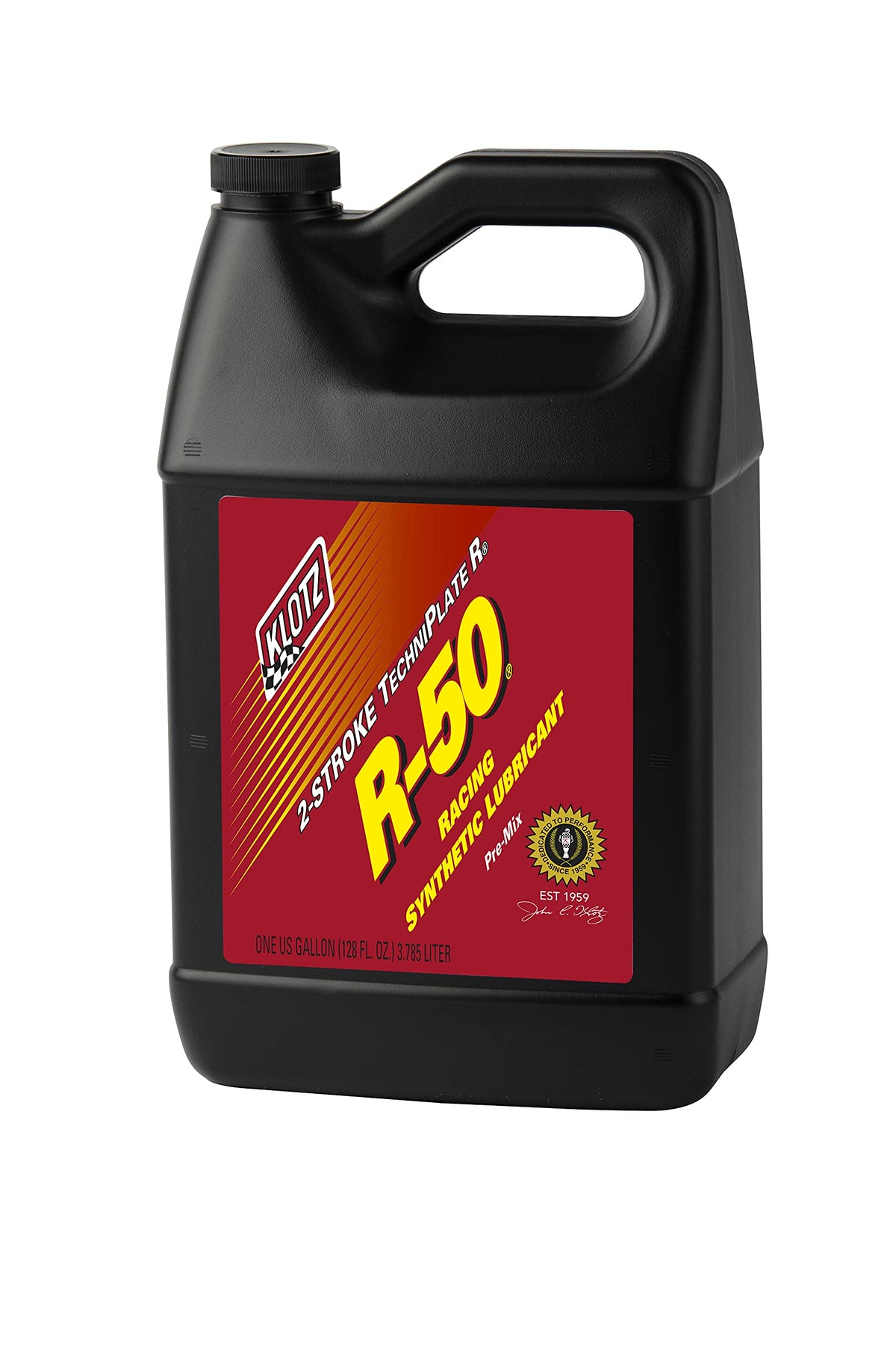 Klotz R-50 front label on 1 gallon showing product ID and racing focus for confident selection