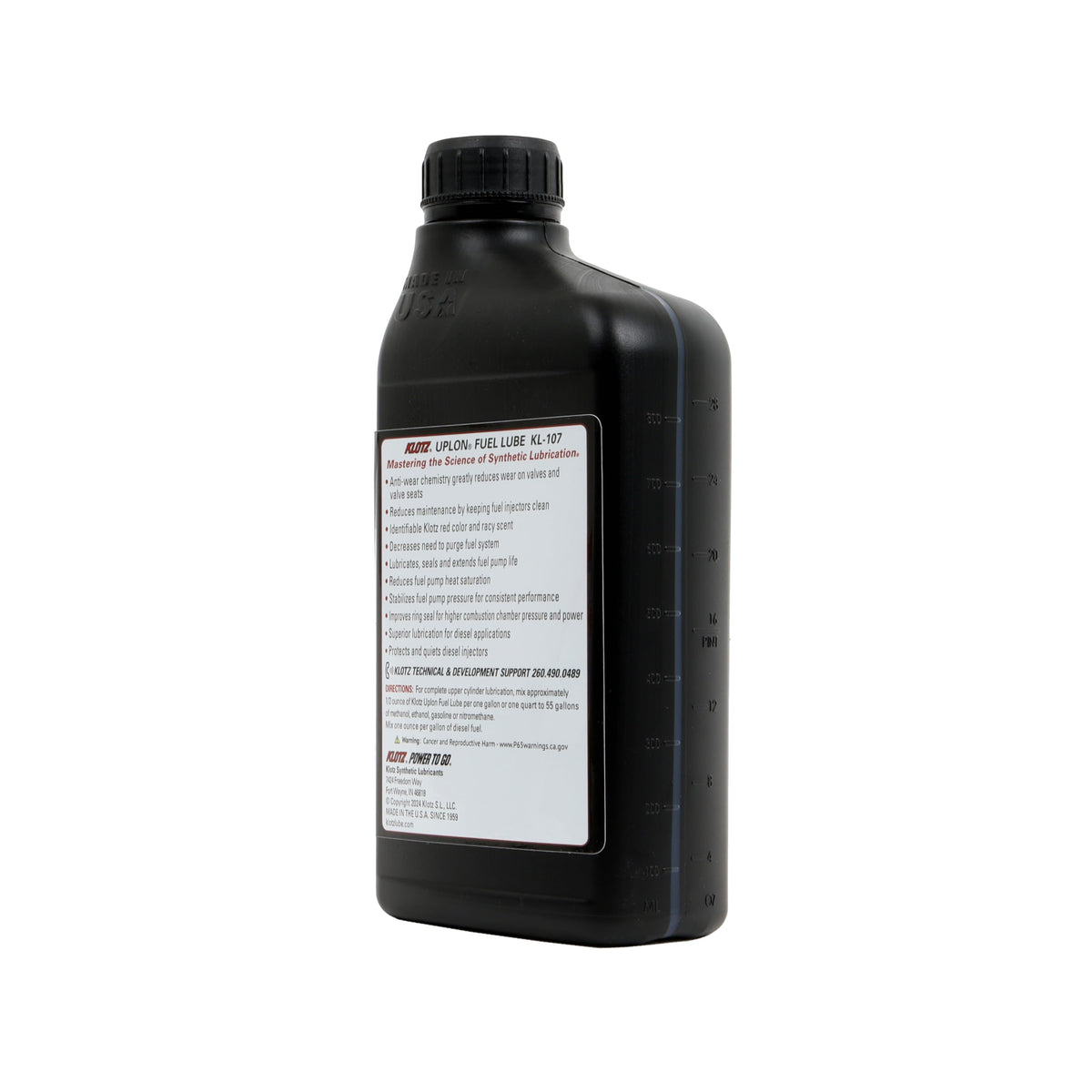 Klotz UpLon label close-up listing features and compatible fuel types