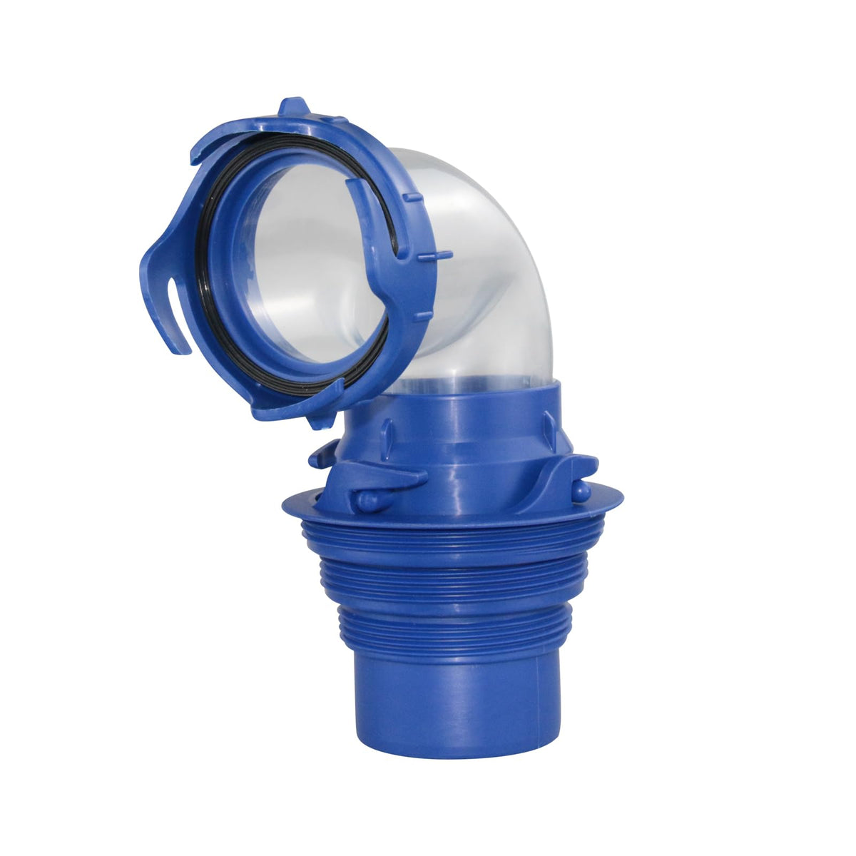 klpdst front view of clear 90° elbow showing shape and fit benefit