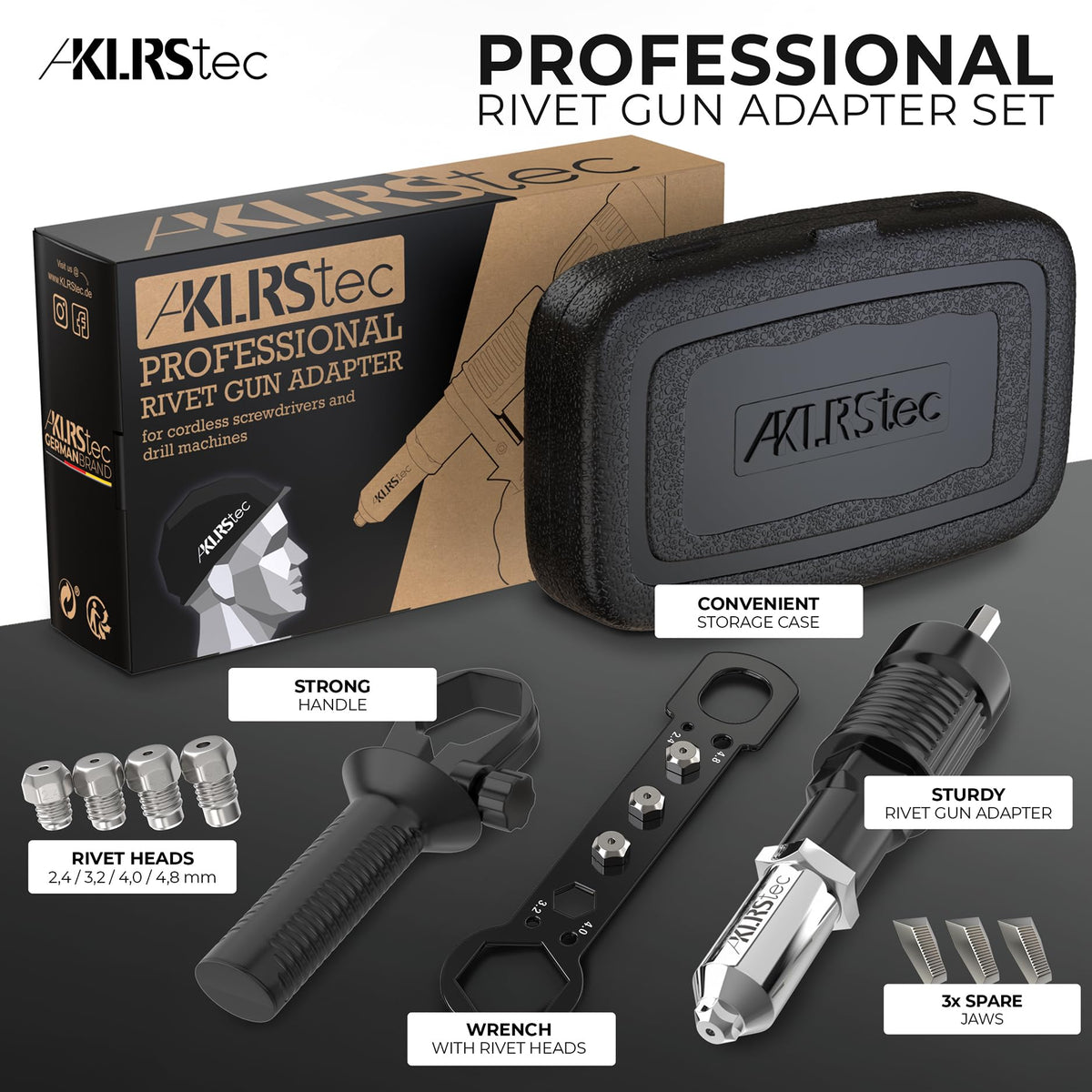 KLRS kit nozzles and spare jaws displayed for quick size changes