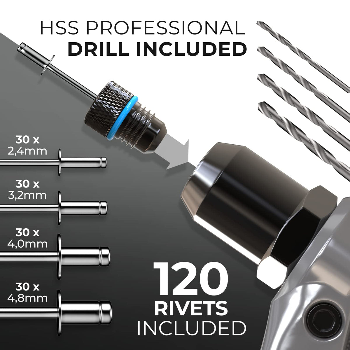 KLRS organized case with gun, rivets and drills for quick job starts