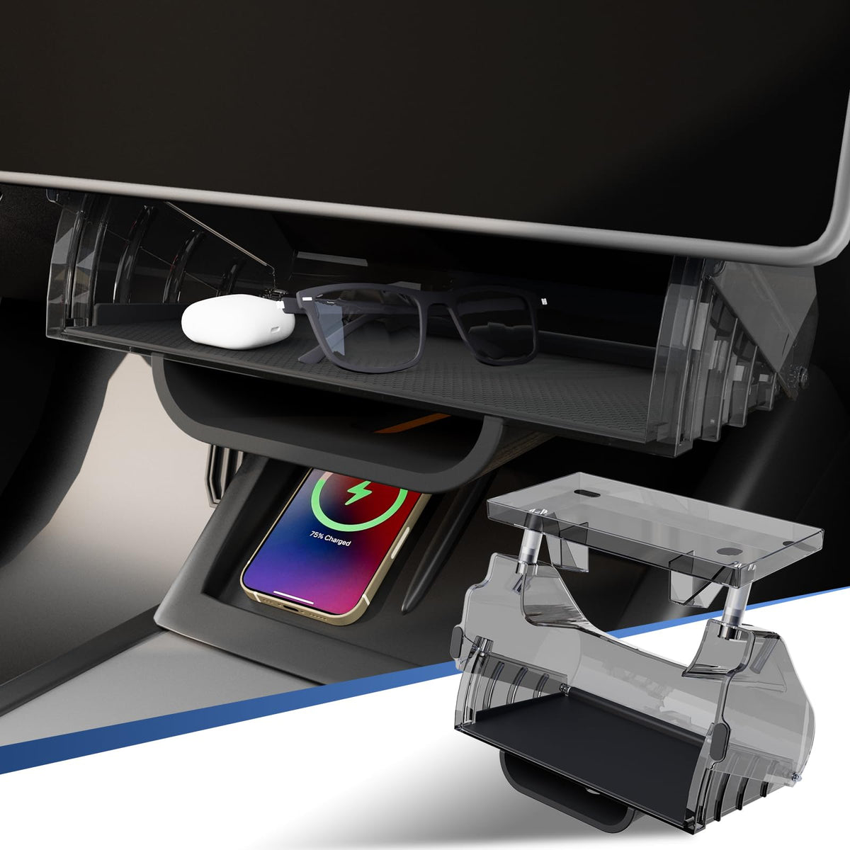 Klutchtech front view of under-screen tray showing clean fit and added storage