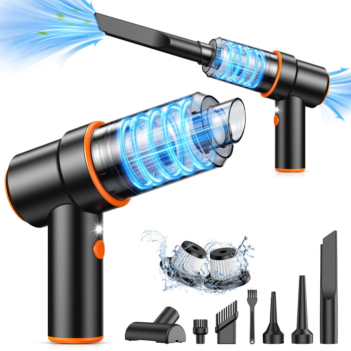 KMM handheld vacuum front view showing compact body and control for easy storage