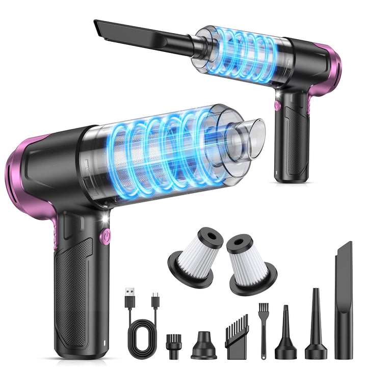 KMM handheld vacuum front view showing controls and nozzle, convenient portability
