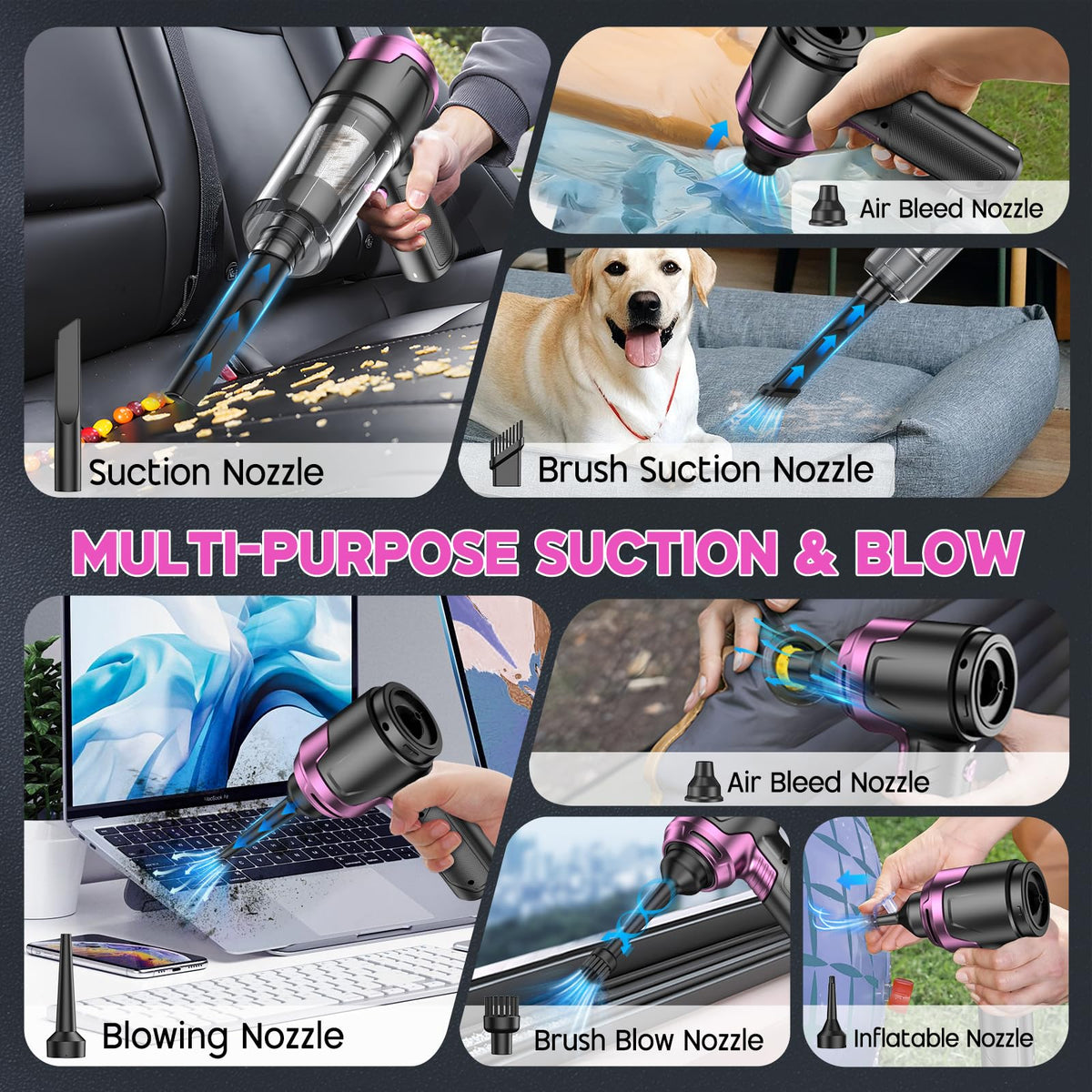 KMM handheld vacuum inflating a swim ring outdoors, quick inflation on the go