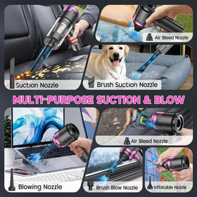 KMM handheld vacuum inflating a swim ring outdoors, quick inflation on the go