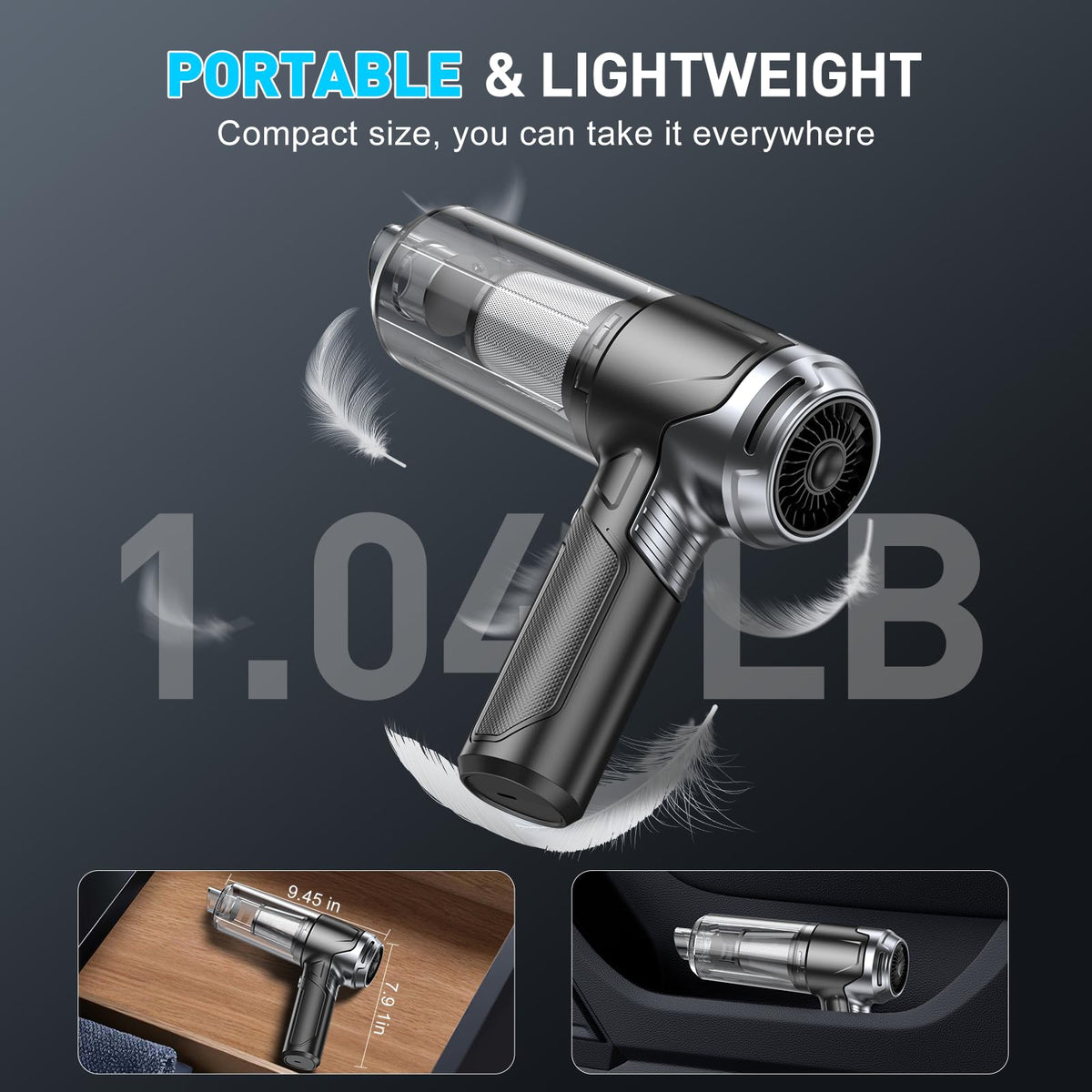 KMM vacuum held in hand for scale illustrating lightweight portability