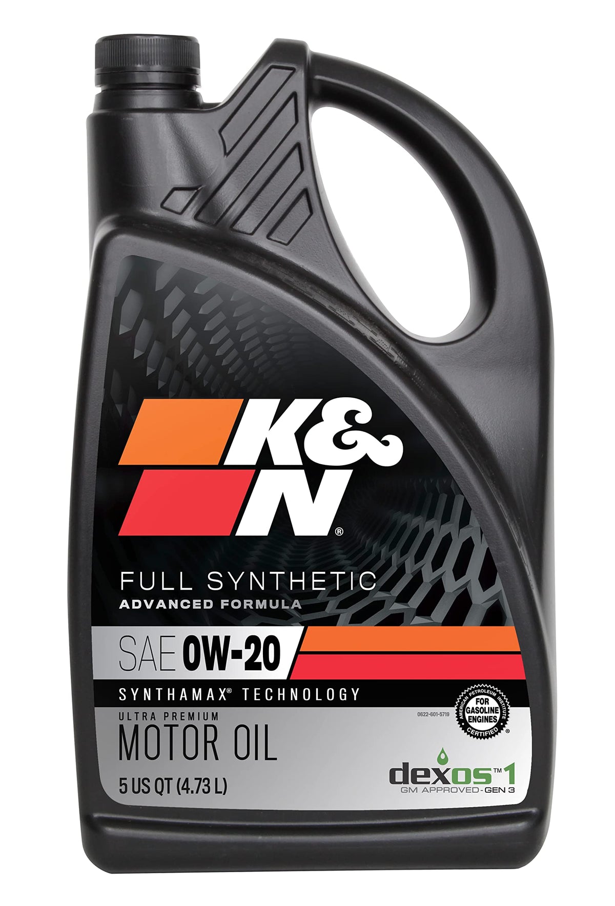 K&N front bottle view showing 0W-20 label and capacity benefit