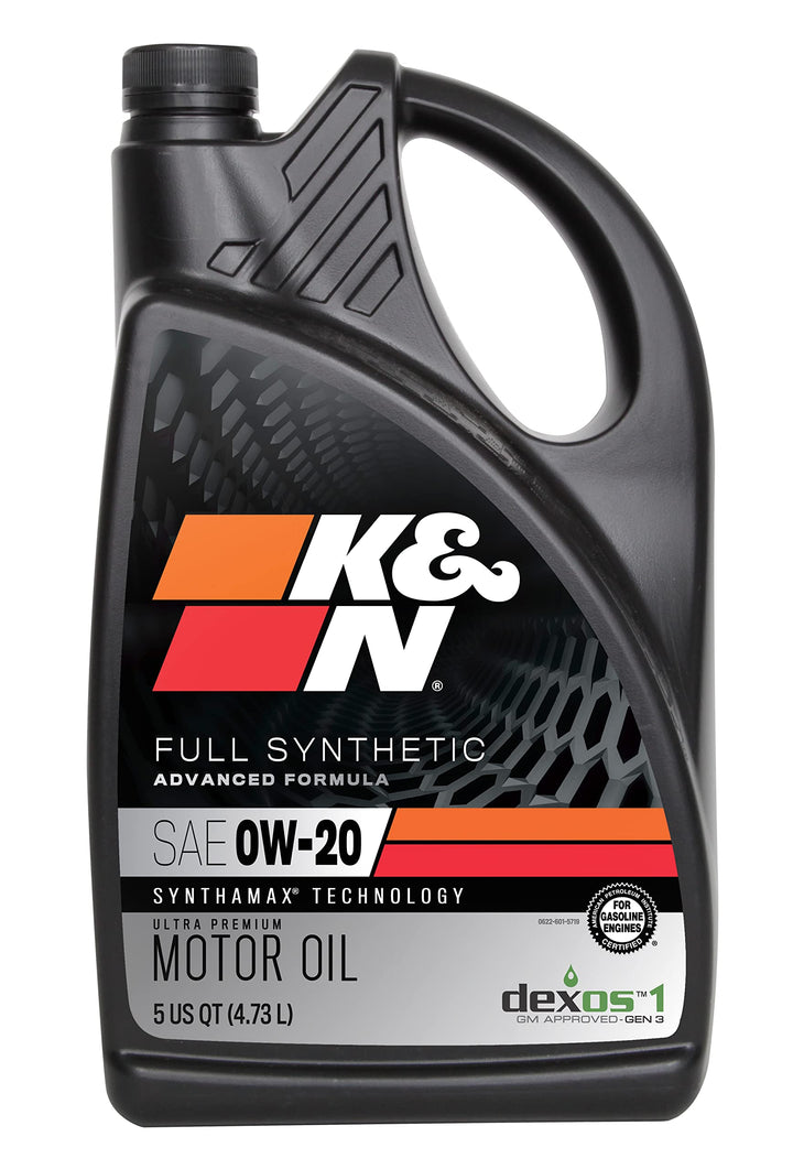 K&N front bottle view showing 0W-20 label and capacity benefit