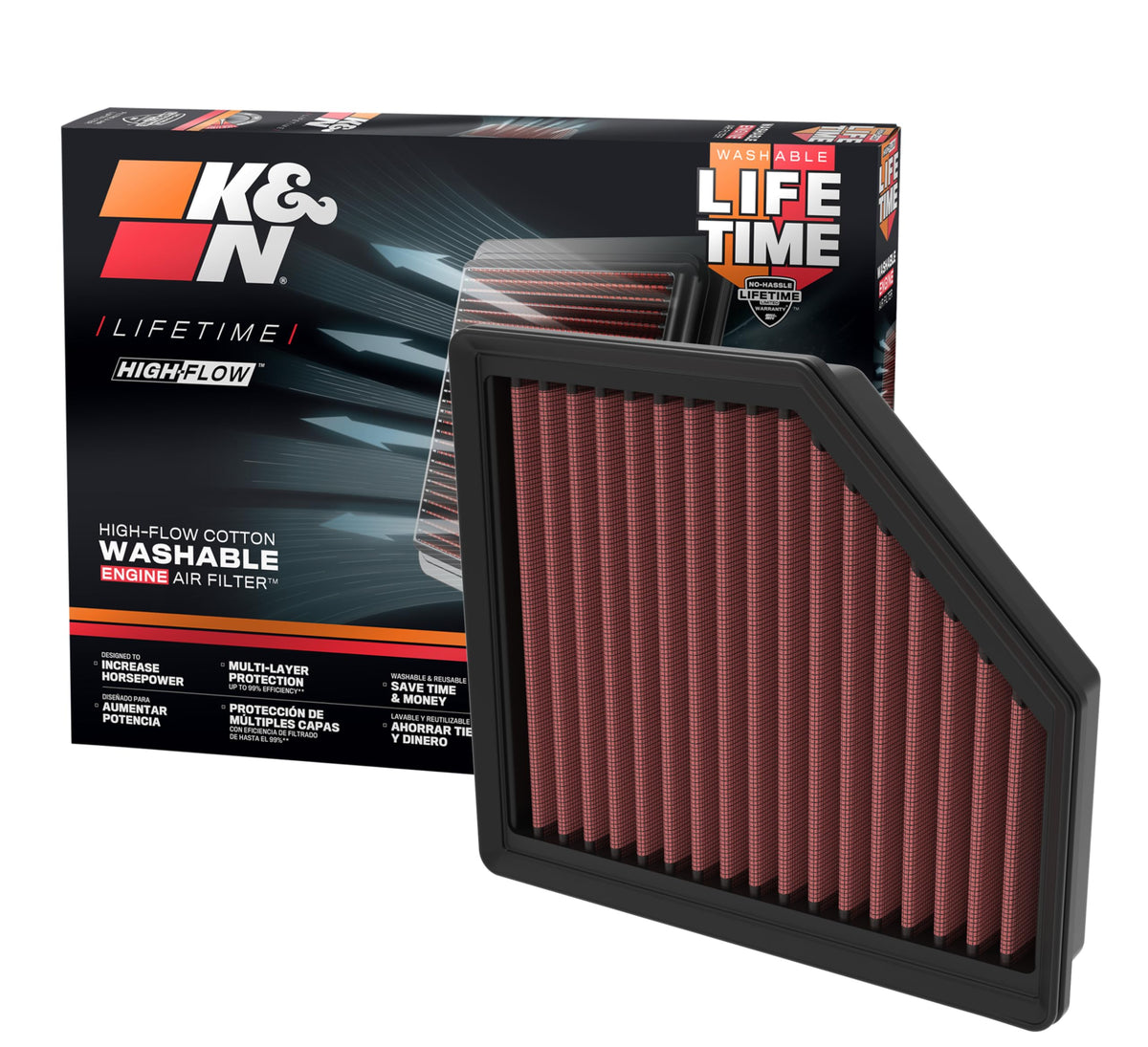 K&N 33-3174 front view showing filter profile and increased airflow benefit
