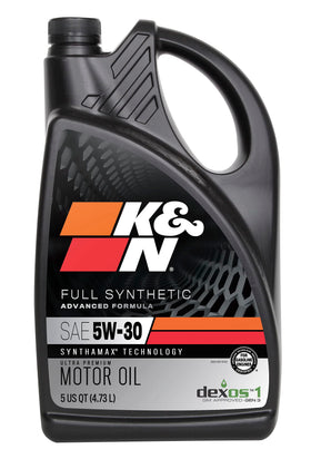 K&N front view of 5W-30 five-quart bottle showing product identity and convenience